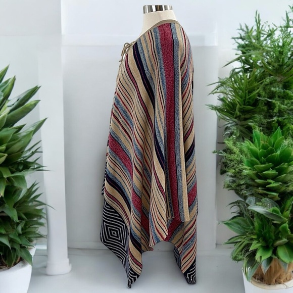 Janice Women’s Multi-Color Geometric Stripe Lace-Up Detail Poncho - Picture 11 of 16